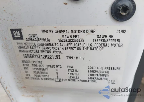 2002 Chevrolet Tahoe Z71 из США, поврежденный, VIN 1GNEK13Z12R221192